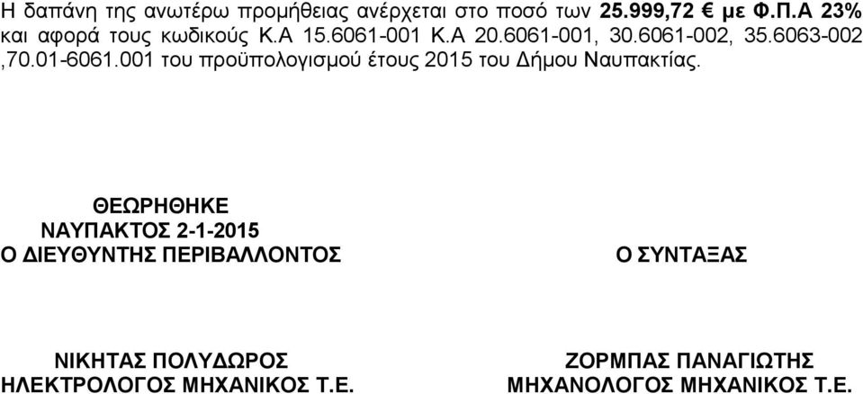 01-6061.001 του προϋπολογισμού έτους 2015 του Δήμου Ναυπακτίας.