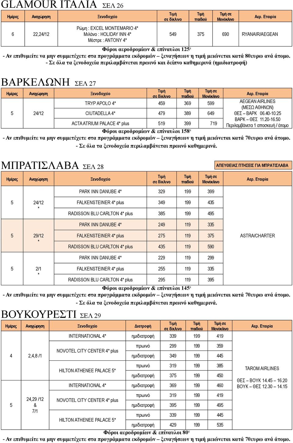 - Σε όλα τα ξενοδοχεία περιλαμβάνεται πρωινό και δείπνο καθημερινά (ημιδιατροφή) ΒΑΡΚΕΛΩΝΗ ΣΕΛ 27 2/12 σε TRYP APOLO 9 369 99 ΑEGEAN AIRLINES CIUTADELLA 79 389 69 ACTA ATRIUM PALACE plus 19 399 719