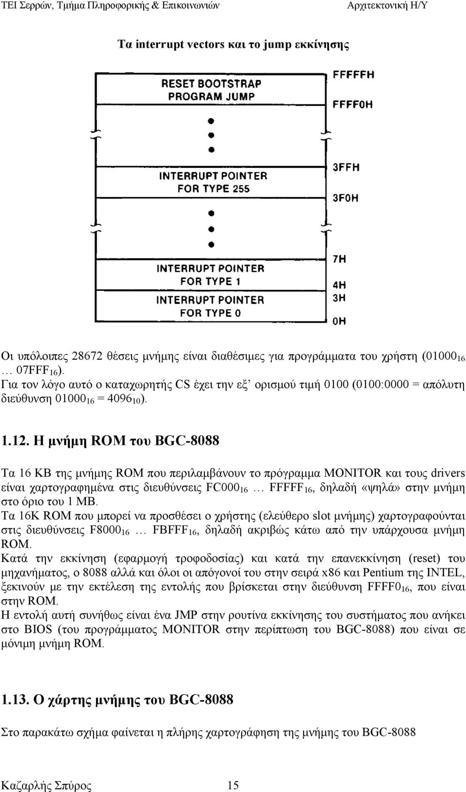 Η μνήμη ROM του BGC-8088 Τα 16 ΚΒ της μνήμης ROM που περιλαμβάνουν το πρόγραμμα MONITOR και τους drivers είναι χαρτογραφημένα στις διευθύνσεις FC000 16 FFFFF 16, δηλαδή «ψηλά» στην μνήμη στο όριο του