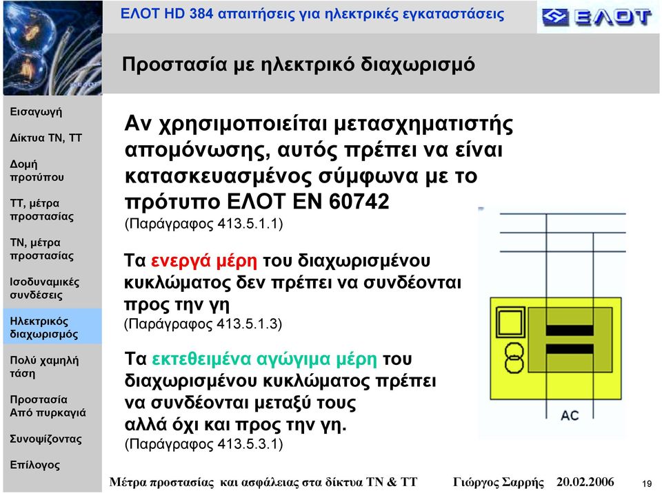 .5.1.1) Τα ενεργά µέρη του διαχωρισµένου κυκλώµατος δεν πρέπει να συνδέονται προς την γη (Παράγραφος 413.5.1.3) Τα