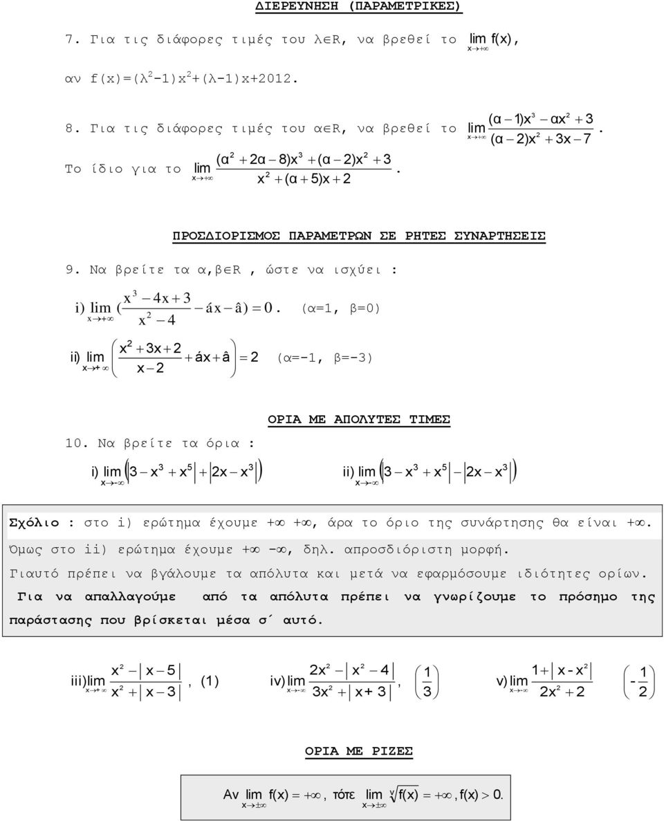 - Σχόλιο : στο i) ερώτημα έχουμε + + άρα το όριο της συάρτησης θα είαι + Όμως στο ii) ερώτημα έχουμε + - δηλ απροσδιόριστη μορφή Γιαυτό πρέπει α βγάλουμε τα απόλυτα και μετά α