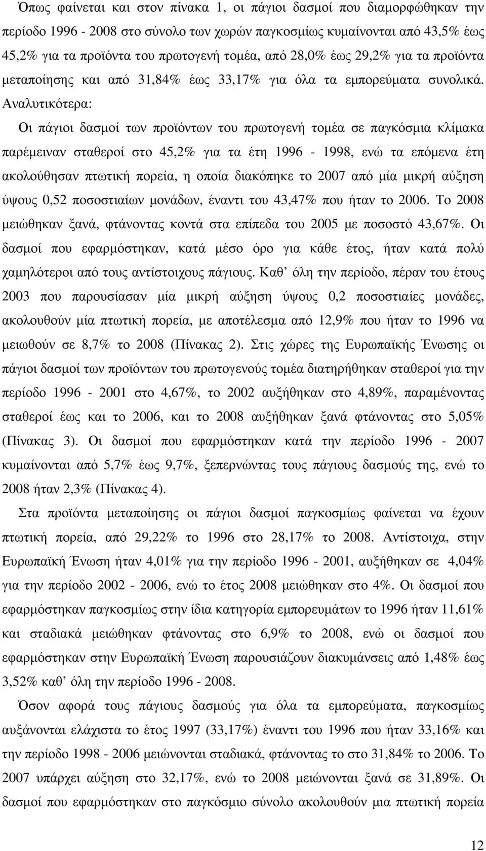 Αναλυτικότερα: Οι πάγιοι δασµοί των προϊόντων του πρωτογενή τοµέα σε παγκόσµια κλίµακα παρέµειναν σταθεροί στο 45,2% για τα έτη 1996-1998, ενώ τα επόµενα έτη ακολούθησαν πτωτική πορεία, η οποία