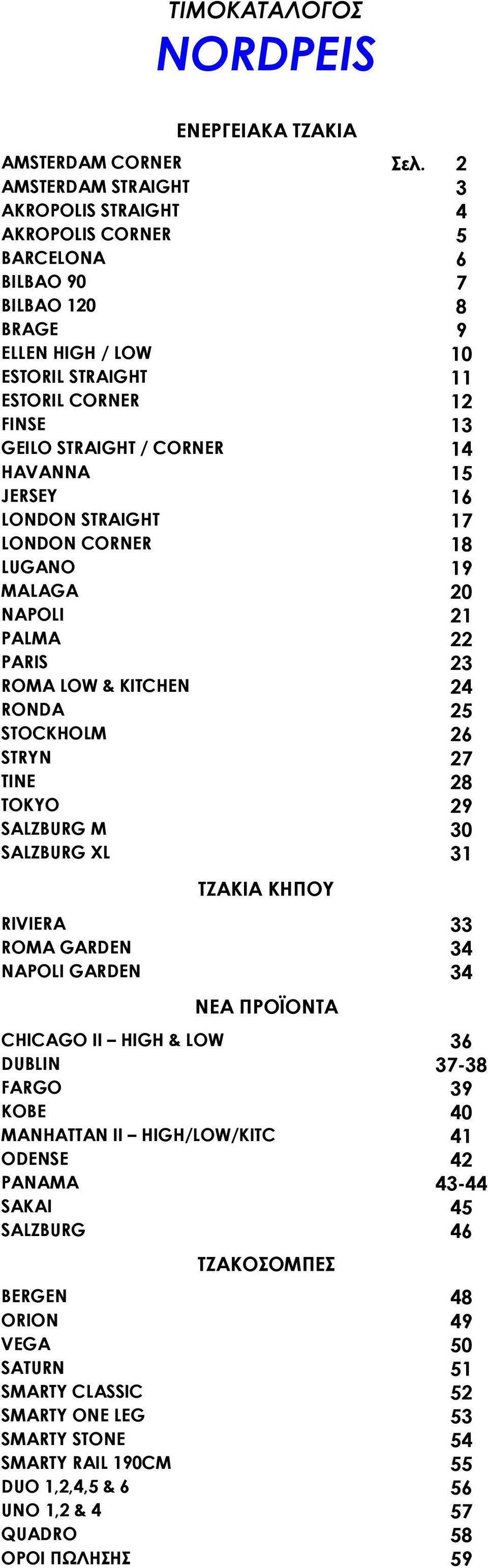 14 HAVANNA 15 JERSEY 16 LONDON STRAIGHT 17 LONDON CORNER 18 LUGANO 19 MALAGA 20 NAPOLI 21 PALMA 22 PARIS 23 ROMA LOW & KITCHEN 24 RONDA 25 STOCKHOLM 26 STRYN 27 TINE 28 TOKYO 29 SALZBURG M 30