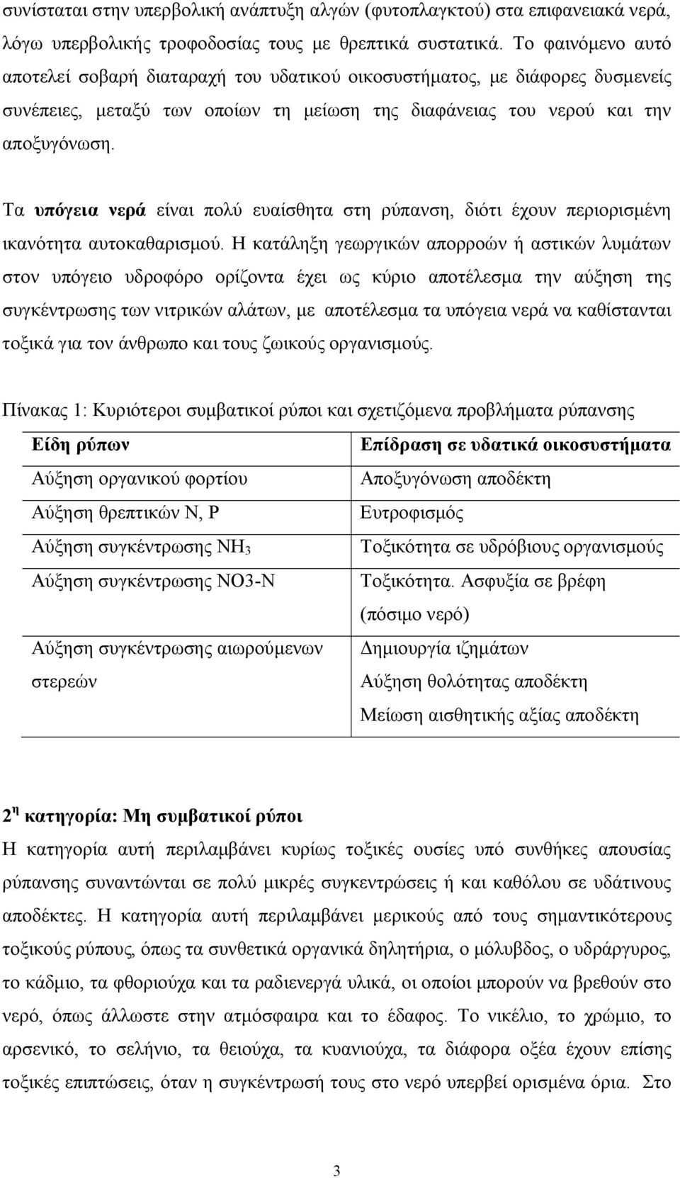 Τα υπόγεια νερά είναι πολύ ευαίσθητα στη ρύπανση, διότι έχουν περιορισμένη ικανότητα αυτοκαθαρισμού.