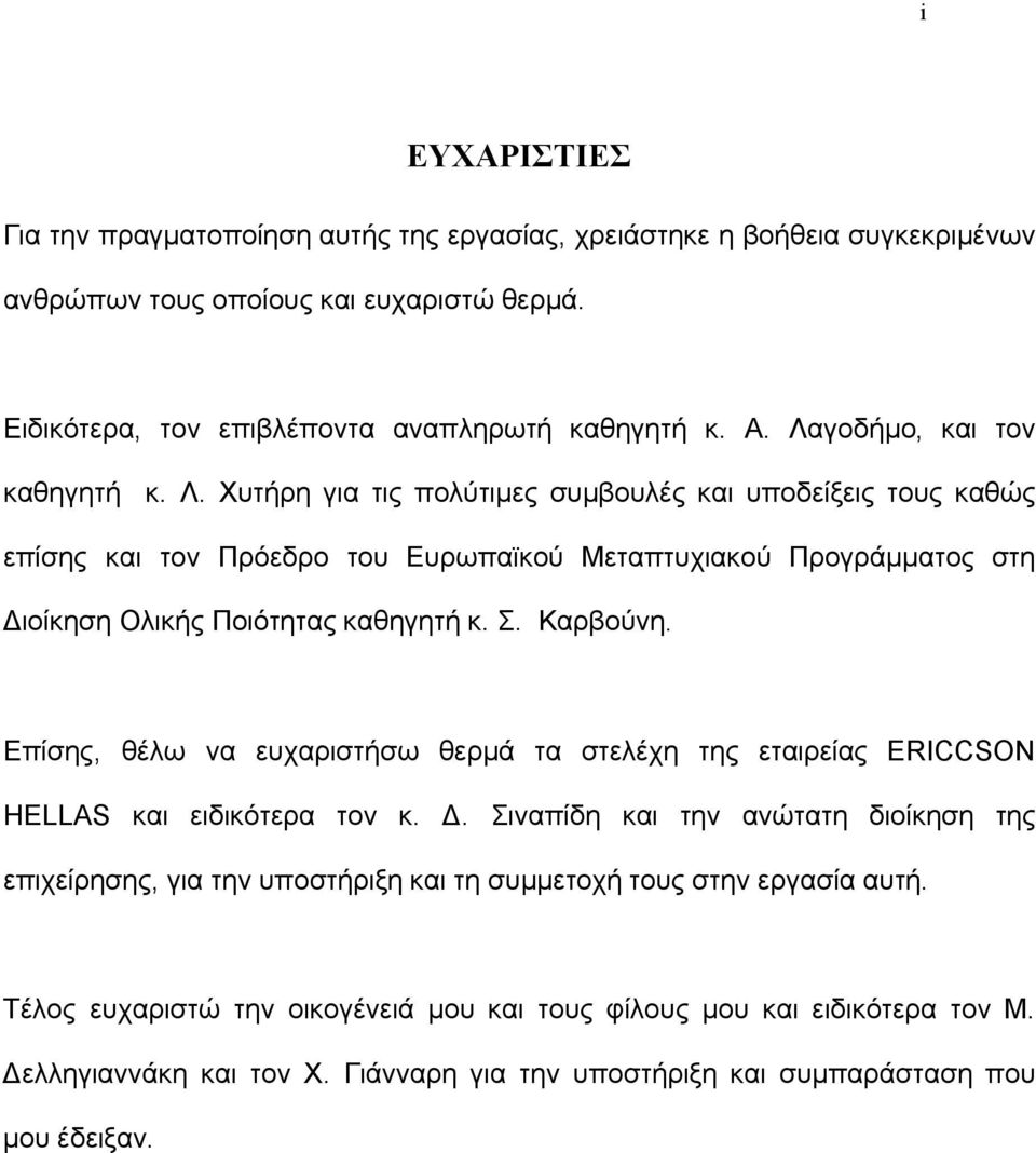 Χυτήρη για τις πολύτιμες συμβουλές και υποδείξεις τους καθώς επίσης και τον Πρόεδρο του Ευρωπαϊκού Μεταπτυχιακού Προγράμματος στη Διοίκηση Ολικής Ποιότητας καθηγητή κ. Σ. Καρβούνη.