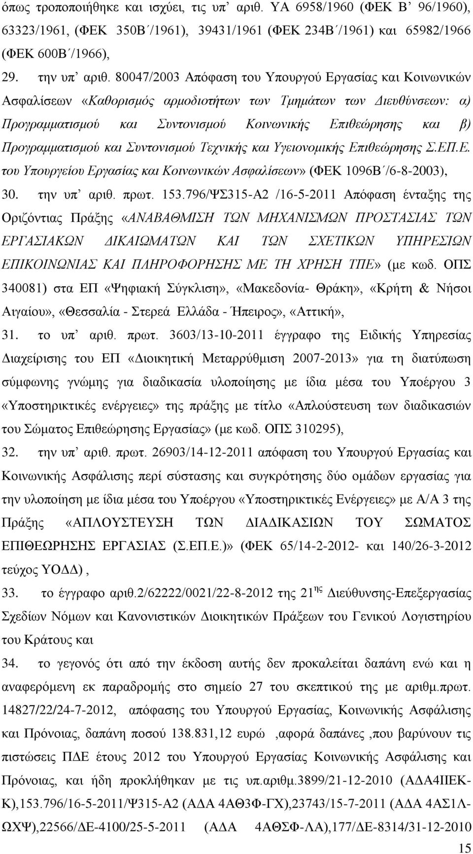 Προγραμματισμού και Συντονισμού Τεχνικής και Υγειονομικής Επιθεώρησης Σ.ΕΠ.Ε. του Υπουργείου Εργασίας και Κοινωνικών Ασφαλίσεων» (ΦΕΚ 1096Β /6-8-2003), 30. την υπ αριθ. πρωτ. 153.