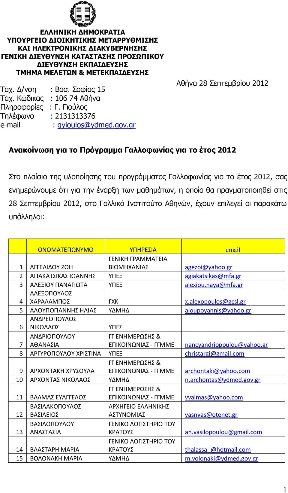 gr Αθήνα 28 Σεπτεμβρίου 2012 Ανακοίνωση για το Πρόγραμμα Γαλλοφωνίας για το έτος 2012 Στο πλαίσιο της υλοποίησης του προγράμματος Γαλλοφωνίας για το έτος 2012, σας ενημερώνουμε ότι για την έναρξη των