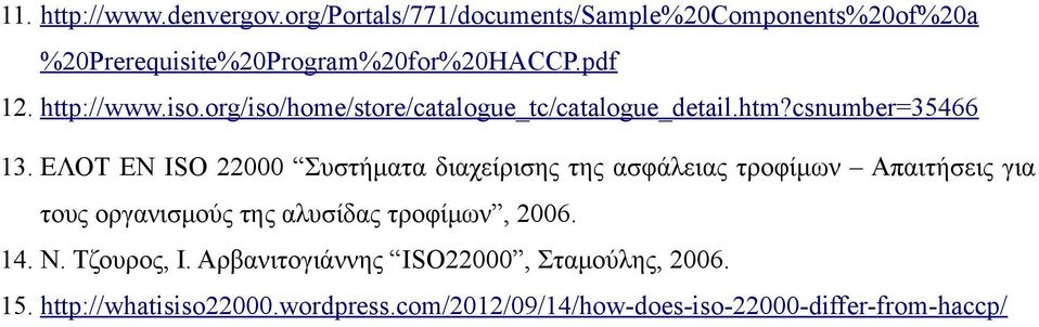 ΕΛΟΤ EN ISO 22000 Συστήματα διαχείρισης της ασφάλειας τροφίμων Απαιτήσεις για τους οργανισμούς της αλυσίδας τροφίμων, 2006.