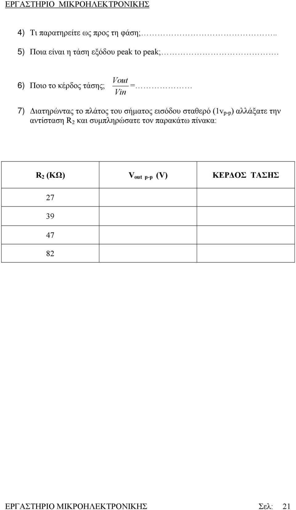 σταθερό (1v p-p ) αλλάξατε την αντίσταση R 2 και συμπληρώσατε τον παρακάτω