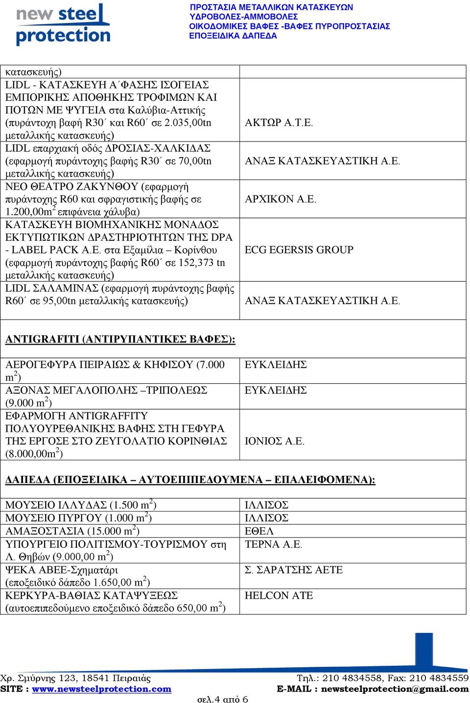 200,00m 2 επιφάνεια χάλυβα) ΚΑΤΑΣΚΕΥΗ ΒΙΟΜΗΧΑΝΙΚΗΣ ΜΟΝΑΔΟΣ ΕΚΤΥΠΩΤΙΚΩΝ ΔΡΑΣΤΗΡΙΟΤΗΤΩΝ ΤΗΣ DPA - LABEL PACK Α.Ε. στα Εξαμίλια Κορίνθου (εφαρμογή πυράντοχης βαφής R60 σε 152,373 tn LIDL ΣΑΛΑΜΙΝΑΣ (εφαρμογή πυράντοχης βαφής R60 σε 95,00tn AKTΩΡ Α.