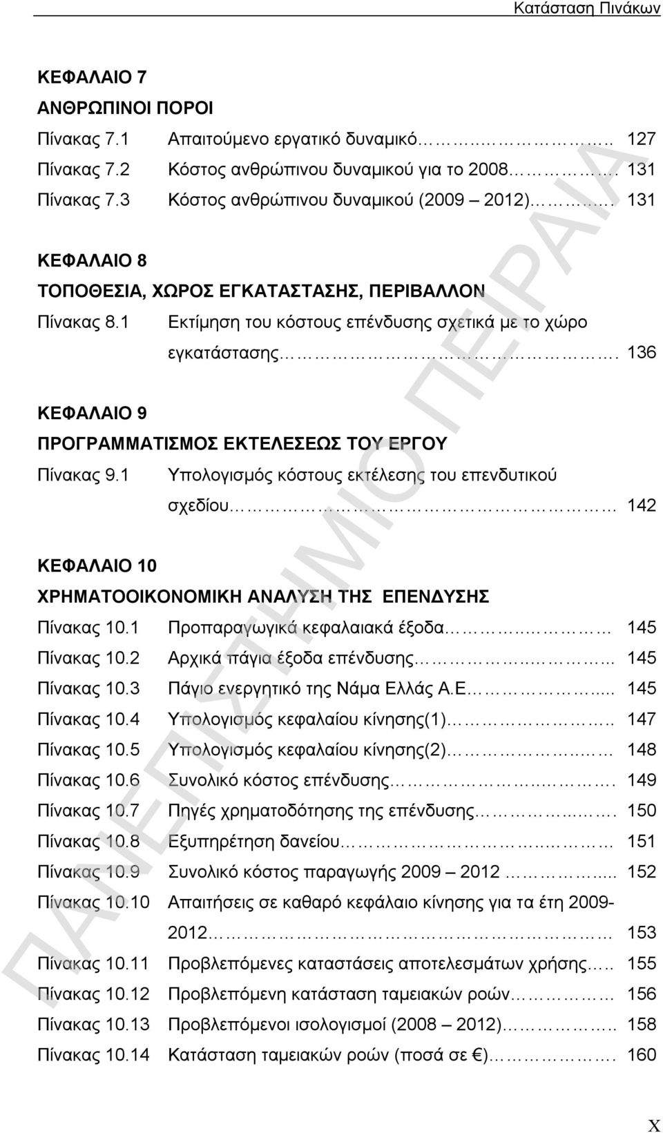 136 ΠΡΟΓΡΑΜΜΑΤΙΣΜΟΣ ΕΚΤΕΛΕΣΕΩΣ ΤΟΥ ΕΡΓΟΥ Πίνακας 9.1 ΚΕΦΑΛΑΙΟ 10 Υπολογισμός κόστους εκτέλεσης του επενδυτικού σχεδίου 142 ΧΡΗΜΑΤΟΟΙΚΟΝΟΜΙΚΗ ΑΝΑΛΥΣΗ ΤΗΣ ΕΠΕΝΔΥΣΗΣ Πίνακας 10.