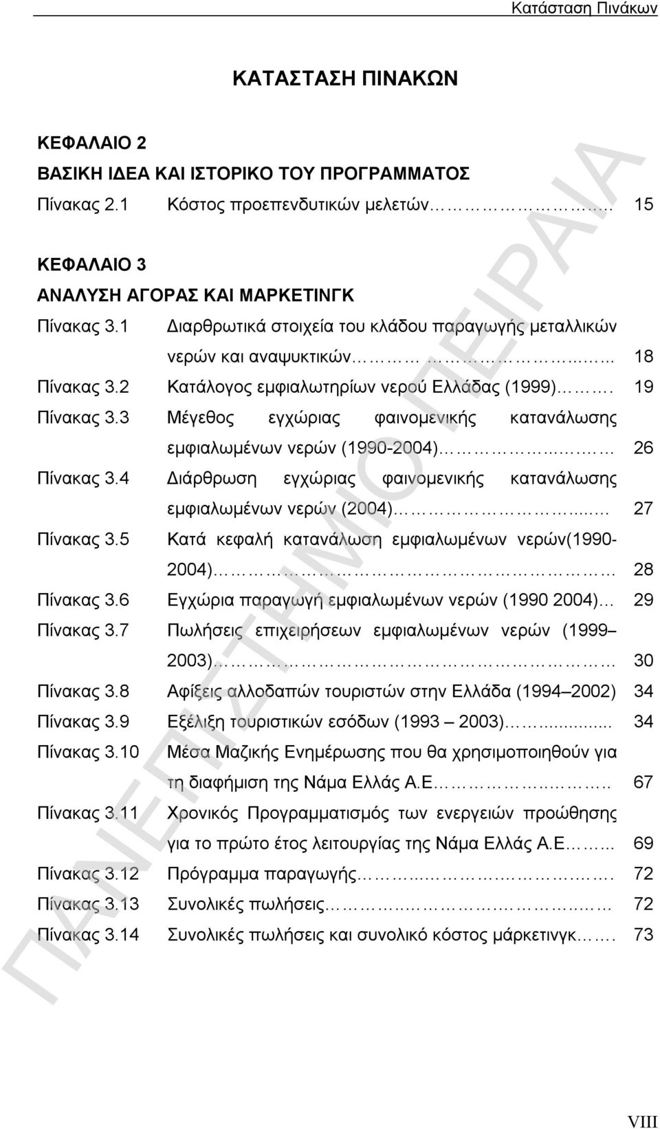 3 Μέγεθος εγχώριας φαινομενικής κατανάλωσης εμφιαλωμένων νερών (1990-2004).... 26 Πίνακας 3.4 Διάρθρωση εγχώριας φαινομενικής κατανάλωσης Πίνακας 3.5 εμφιαλωμένων νερών (2004).