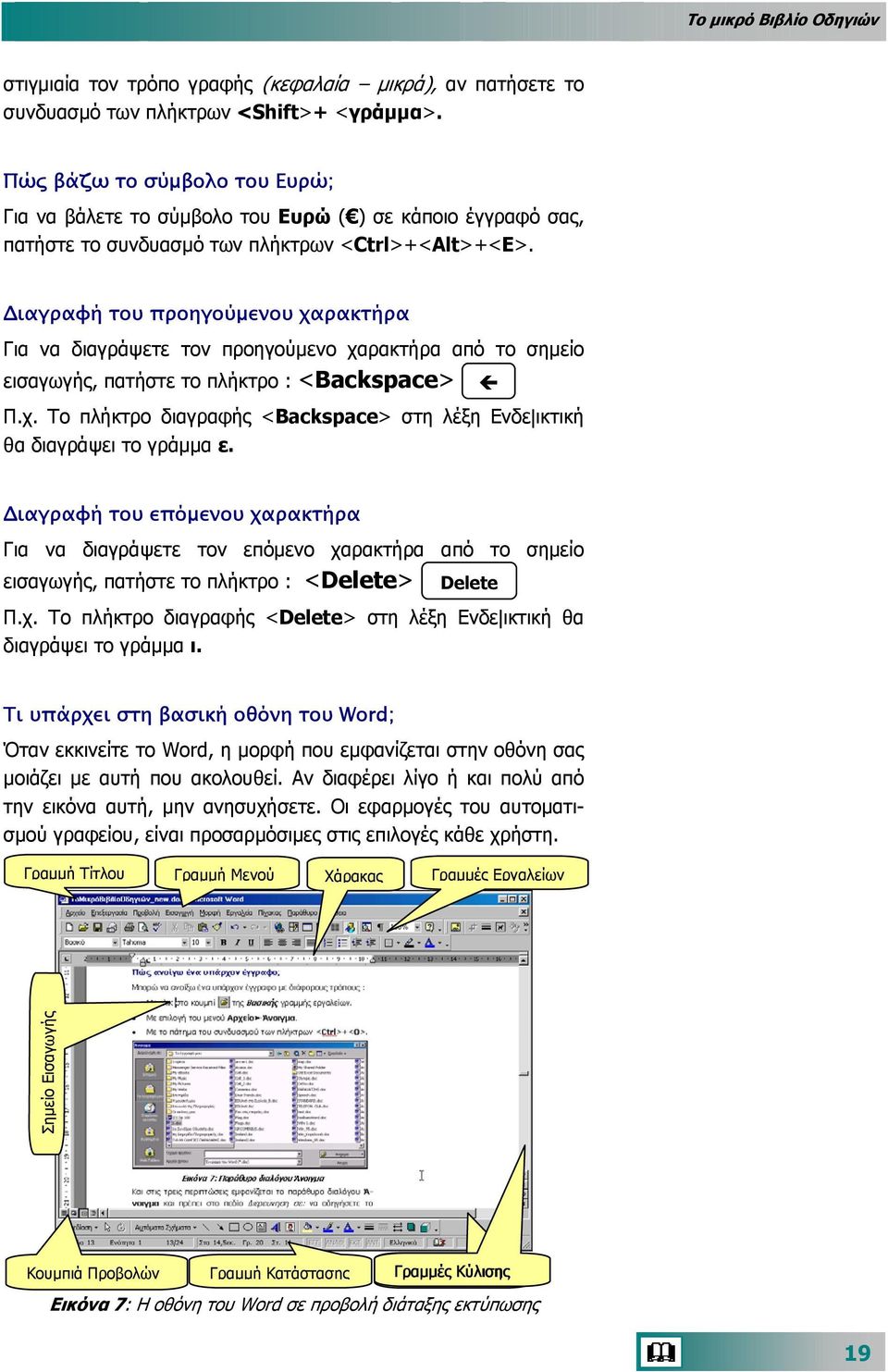 ιαγραφή του προηγούµενου χαρακτήρα Για να διαγράψετε τον προηγούµενο χαρακτήρα από το σηµείο εισαγωγής, πατήστε το πλήκτρο : <Backspace> Π.χ. Το πλήκτρο διαγραφής <Backspace> στη λέξη Ενδε ικτική θα διαγράψει το γράµµα ε.