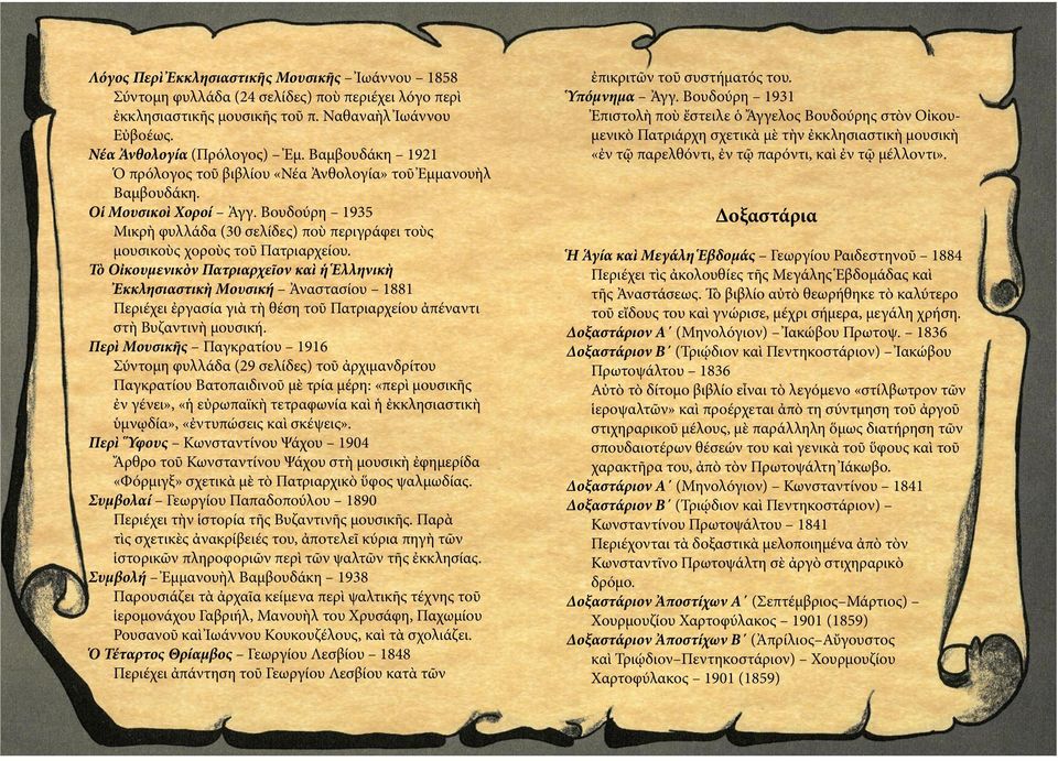 Τὸ Οἰκουμενικὸν Πατριαρχεῖον καὶ ἡ Ἑλληνικὴ Ἐκκλησιαστικὴ Μουσική Ἀναστασίου 1881 Περιέχει ἐργασία γιὰ τὴ θέση τοῦ Πατριαρχείου ἀπέναντι στὴ Βυζαντινὴ μουσική.