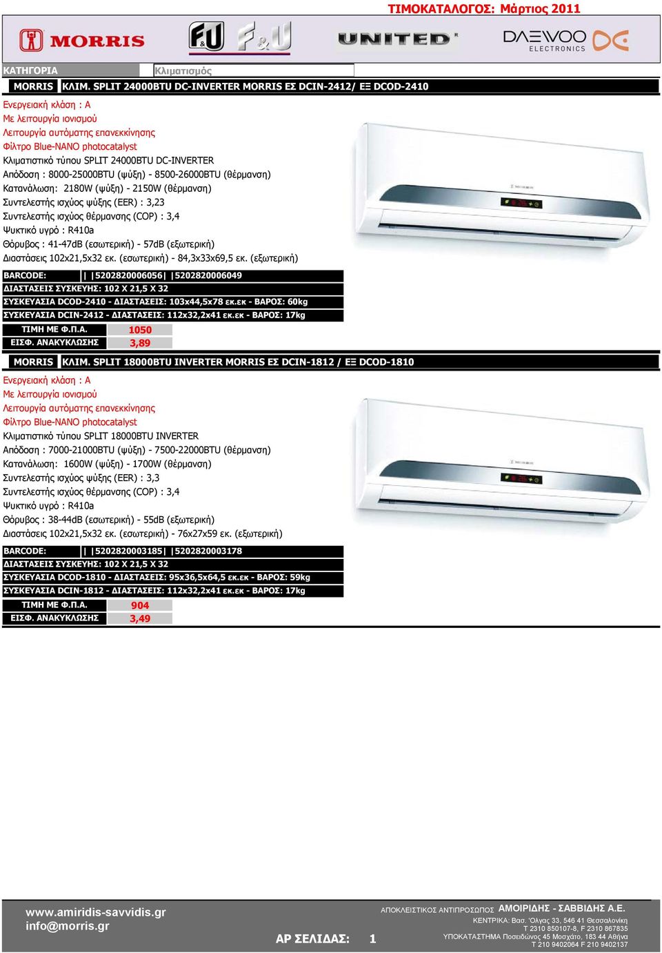 Κατανάλωση: 2180W (ψύξη) - 2150W (θέρμανση) Συντελεστής ισχύος ψύξης (EER) : 3,23 Συντελεστής ισχύος θέρμανσης (COP) : 3,4 Θόρυβος : 41-47dB (εσωτερική) - 57dB (εξωτερική) Διαστάσεις 102x21,5x32 εκ.