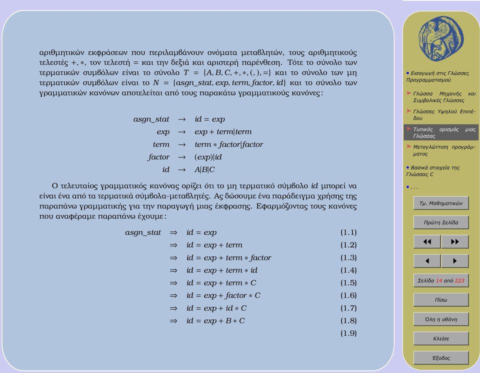 γραµµατικών κανόνων αποτελείται από τους παρακάτω γραµµατικούς κανόνες : asgn_stat id = exp exp exp + term term term term factor factor factor (exp) id id A B C Ο τελευταίος γραµµατικός κανόνας