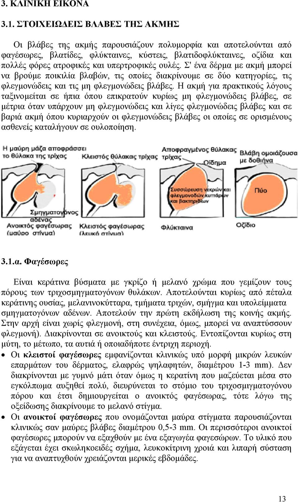 υπερτροφικές ουλές. Σ' ένα δέρμα με ακμή μπορεί να βρούμε ποικιλία βλαβών, τις οποίες διακρίνουμε σε δύο κατηγορίες, τις φλεγμονώδεις και τις μη φλεγμονώδεις βλάβες.