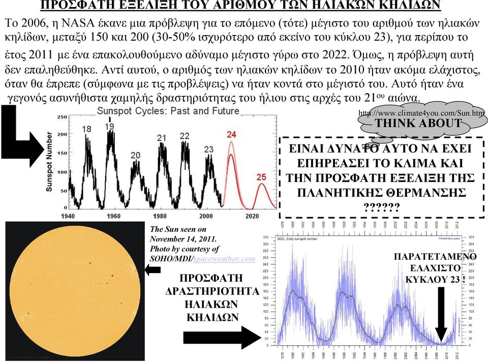 Αντί αυτού, ο αριθµός των ηλιακών κηλίδων το 2010 ήταν ακόµαελάχιστος, όταν θα έπρεπε (σύµφωνα µε τις προβλέψεις) να ήταν κοντά στο µέγιστό του.