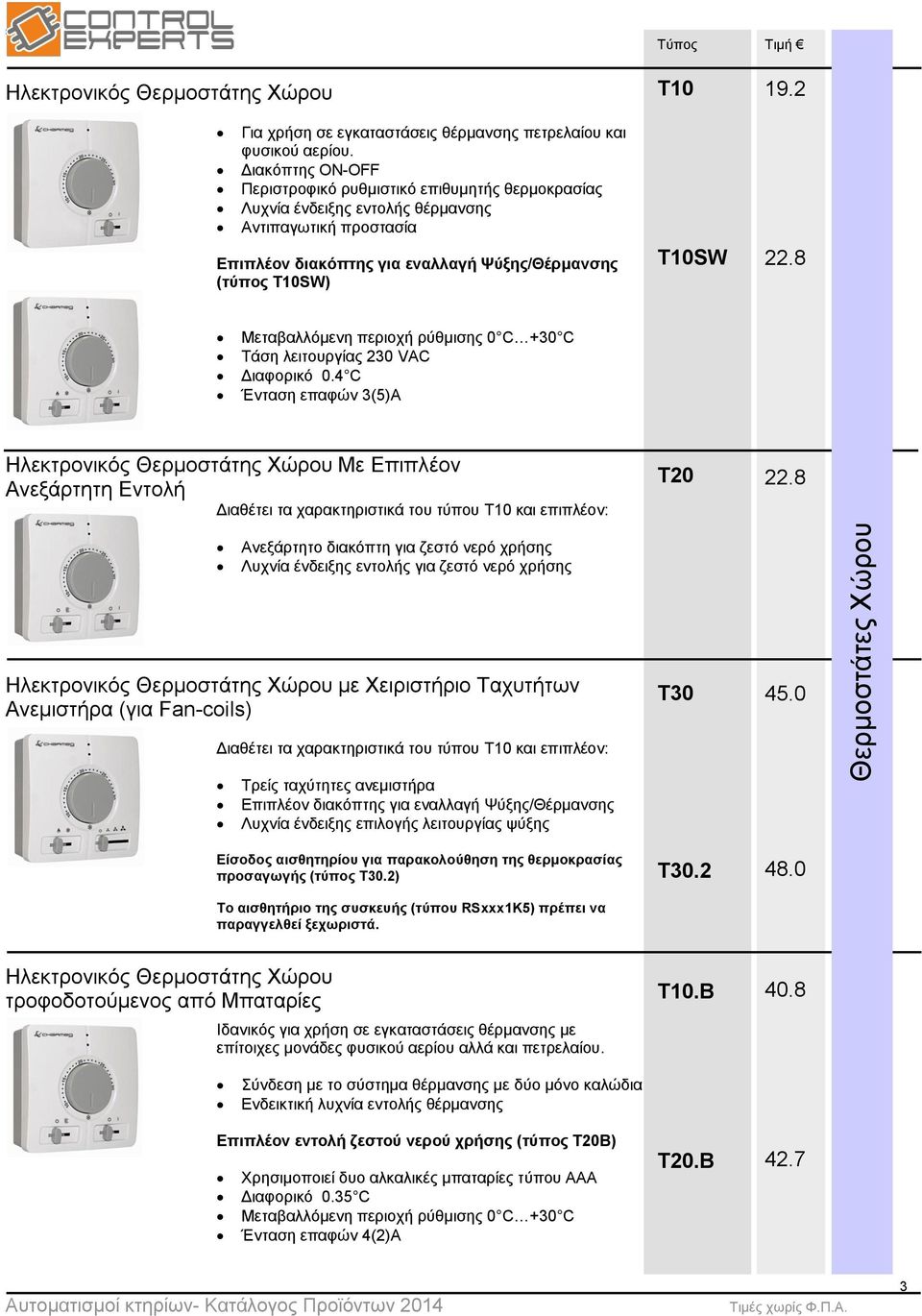 Τ10SW 19.2 22.8 Μεταβαλλόμενη περιοχή ρύθμισης 0 C +30 C Τάση λειτουργίας 230 VAC Διαφορικό 0.