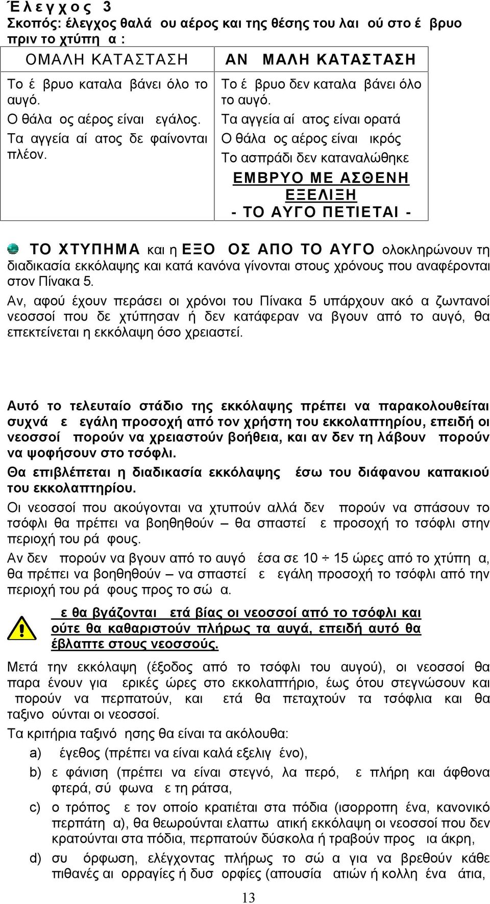 Τα αγγεία αίματος είναι ορατά Ο θάλαμος αέρος είναι μικρός Το ασπράδι δεν καταναλώθηκε ΕΜΒΡΥΟ ΜΕ ΑΣΘΕΝΗ ΕΞΕΛΙΞΗ - ΤΟ ΑΥΓΟ ΠΕΤΙΕΤΑΙ - ΤΟ ΧΤΥΠΗΜΑ και η ΕΞΟΔΟΣ ΑΠΟ ΤΟ ΑΥΓΟ ολοκληρώνουν τη διαδικασία