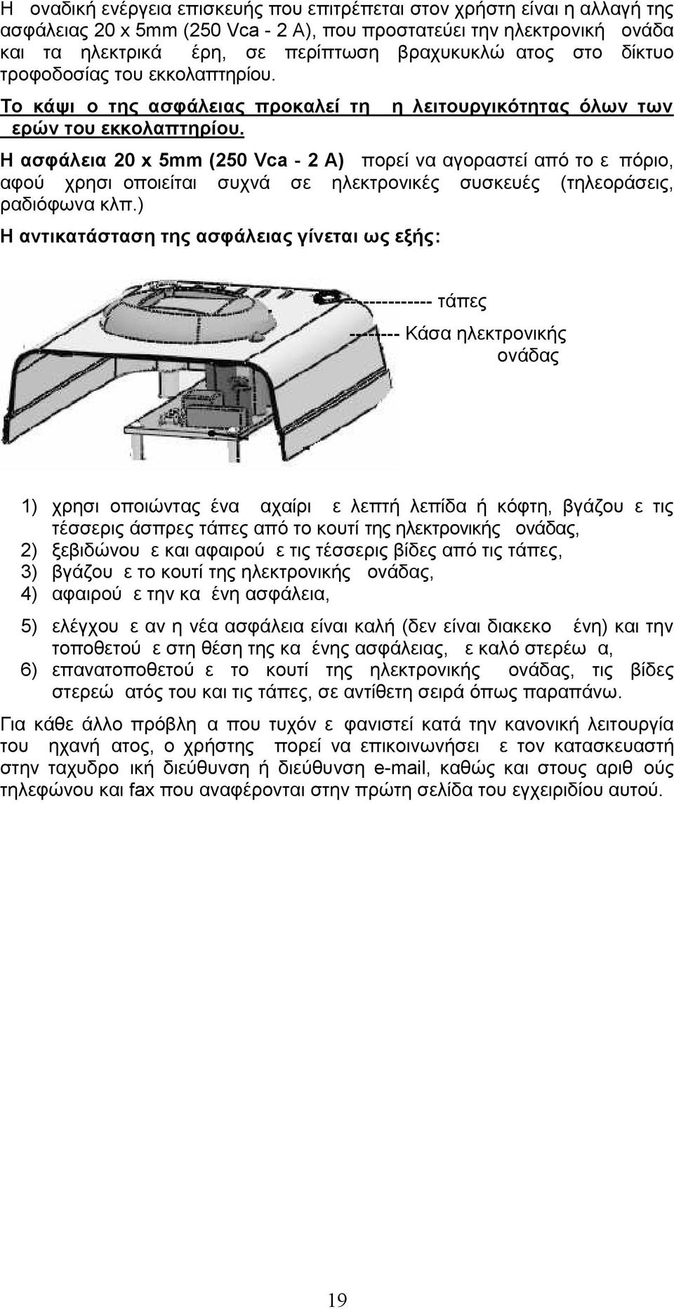 Η ασφάλεια 20 x 5mm (250 Vca - 2 A) μπορεί να αγοραστεί από το εμπόριο, αφού χρησιμοποιείται συχνά σε ηλεκτρονικές συσκευές (τηλεοράσεις, ραδιόφωνα κλπ.