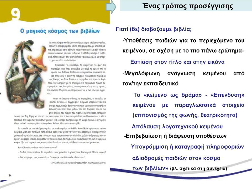 - «Επένδυση» κειμένου με παραγλωσσικά στοιχεία (επιτονισμός της φωνής, θεατρικότητα) Απόλαυση λογοτεχνικού κειμένου