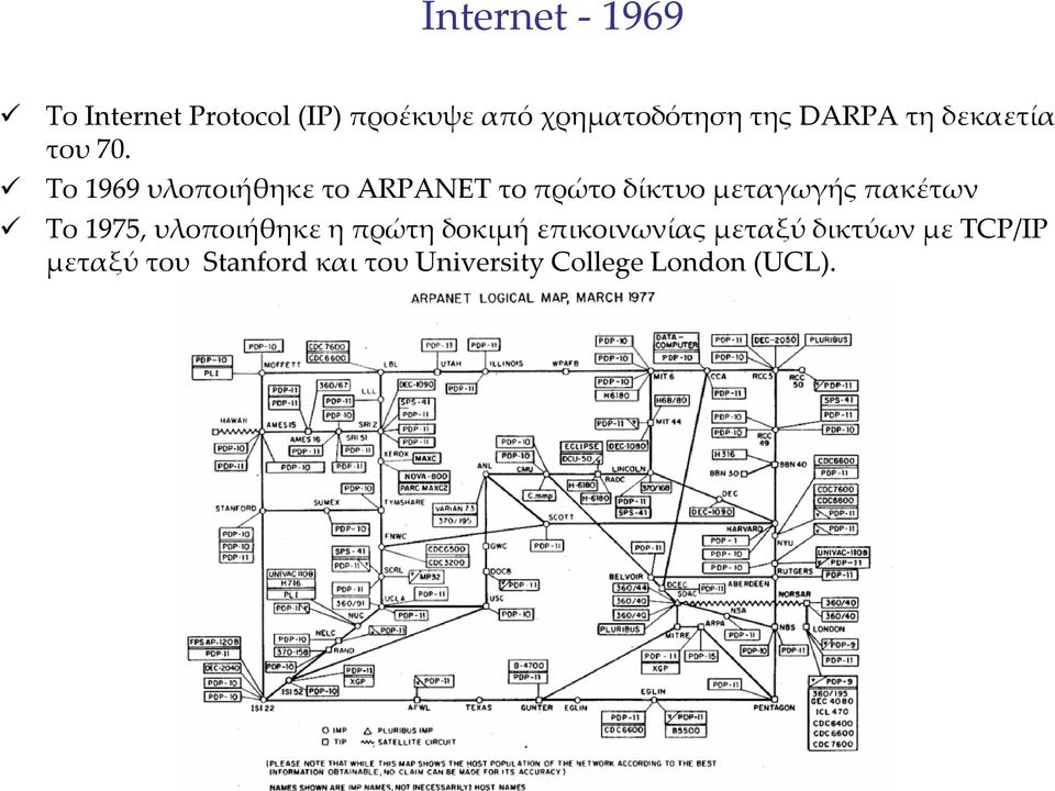 Το 1969 υλοποιήθηκε το ARPANET το πρώτο δίκτυο μεταγωγής πακέτων Το 1975,