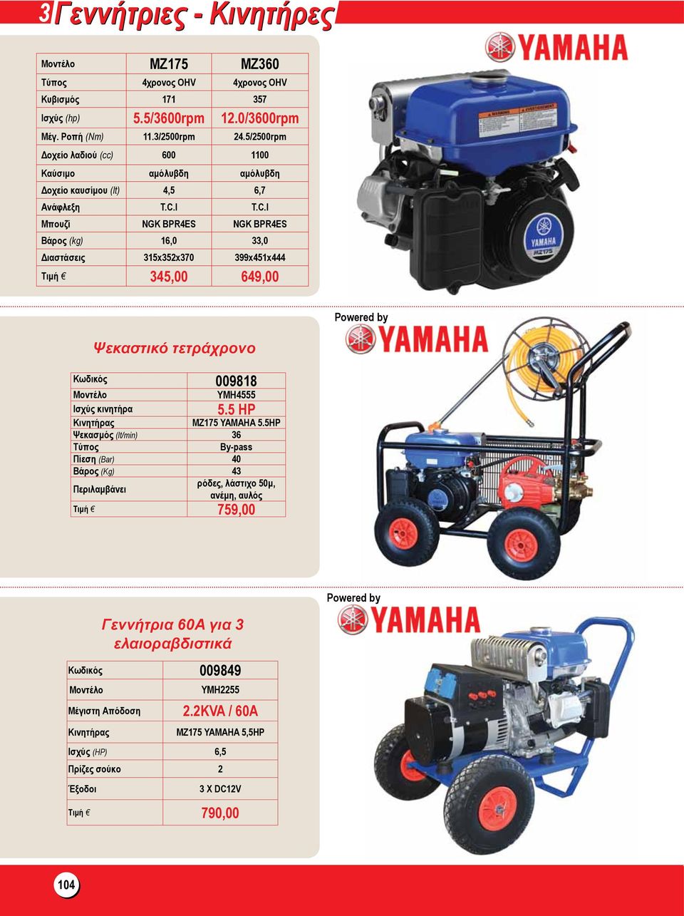 I T.C.I Μπουζί NGK BPR4ES NGK BPR4ES Βάρος (kg) 16,0 33,0 Διαστάσεις 315x352x370 399x451x444 Τιμή 345,00 649,00 Ψεκαστικό τετράχρονο Κωδικός 009818 YMH4555 Ισχύς κινητήρα 5.