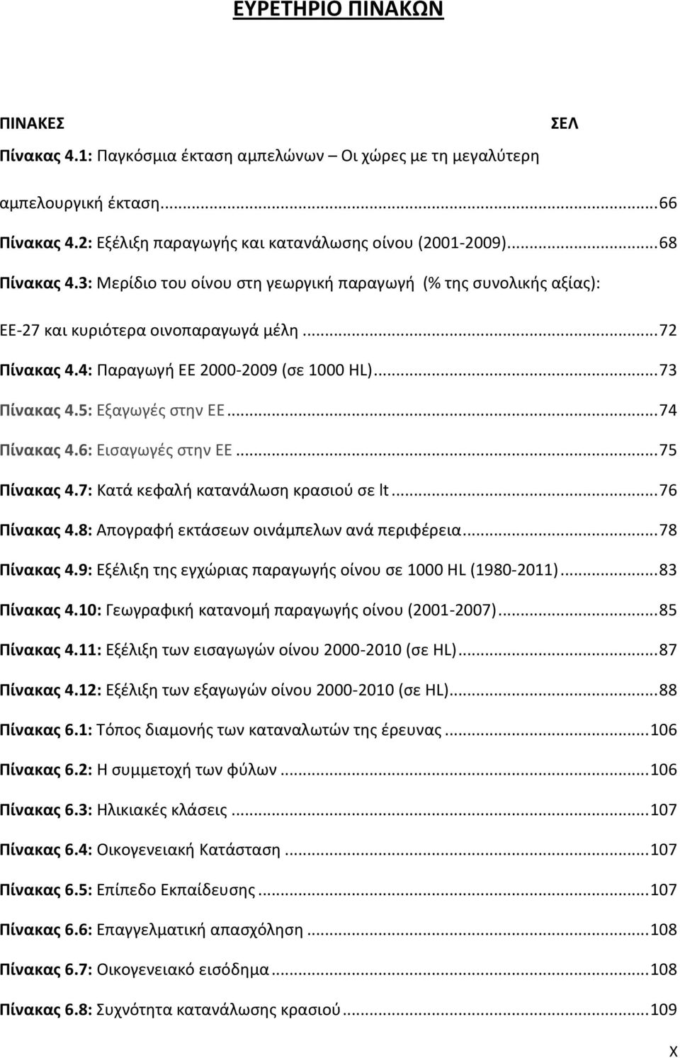 5: Εξαγωγές στην ΕΕ... 74 Πίνακας 4.6: Εισαγωγές στην ΕΕ... 75 Πίνακας 4.7: Κατά κεφαλή κατανάλωση κρασιού σε lt... 76 Πίνακας 4.8: Απογραφή εκτάσεων οινάμπελων ανά περιφέρεια... 78 Πίνακας 4.