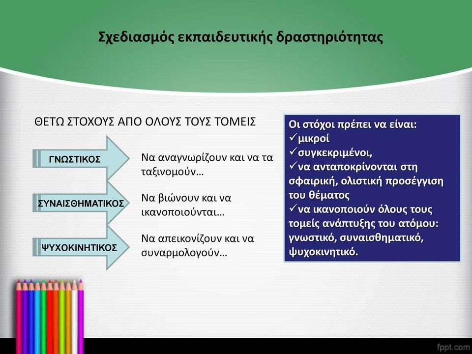 συναρμολογούν Οι στόχοι πρέπει να είναι: μικροί συγκεκριμένοι, να ανταποκρίνονται στη σφαιρική, ολιστική