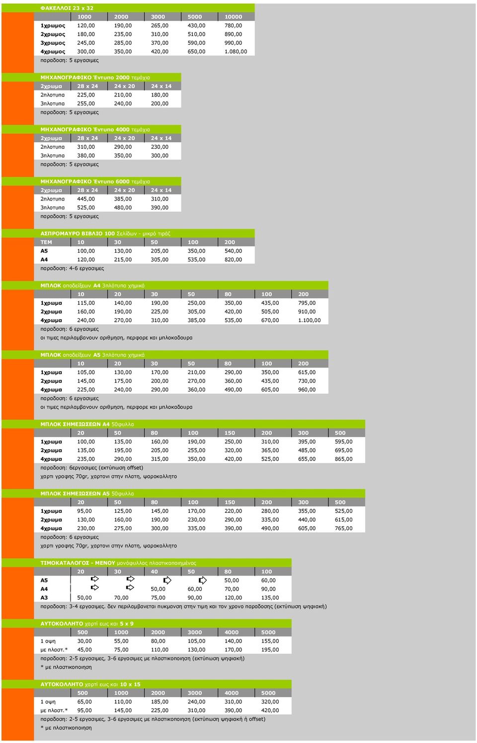 ΜΗΧΑΝΟΓΡΑΦΙΚΟ Έντυπο 6000 τεμάχια 2πλοτυπα 445,00 385,00 310,00 3πλοτυπα 525,00 480,00 390,00 ΑΣΠΡΟΜΑΥΡΟ ΒΙΒΛΙΟ 100 Σελίδων - μικρό τιράζ ΤΕΜ 10 30 50 100 200 Α5 100,00 130,00 205,00 350,00 540,00 Α4
