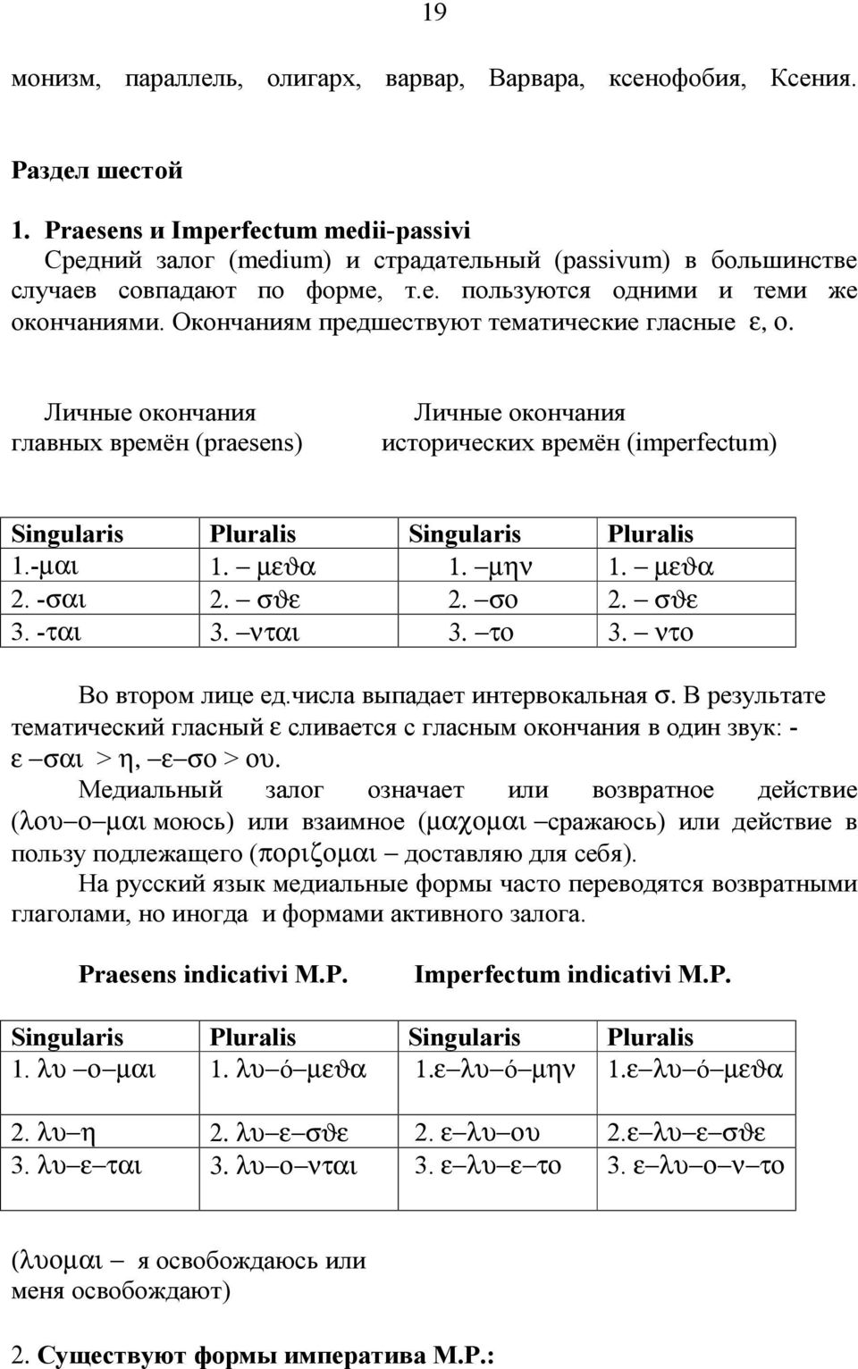 О конч ани ям предшествуют тематически е гласные ε, ο. Личные оконч ани я главных времён (praesens) Личные оконч ани я истори чески х времён (imperfectum) Singularis Pluralis Singularis Pluralis 1.