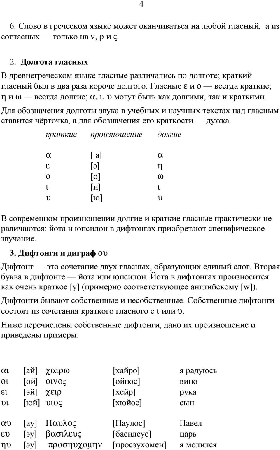 Гласные ε и ο всегда кратки е; η и ω всегда долгие; α, ι, υ могут бытькак долгими, так и кратки ми.