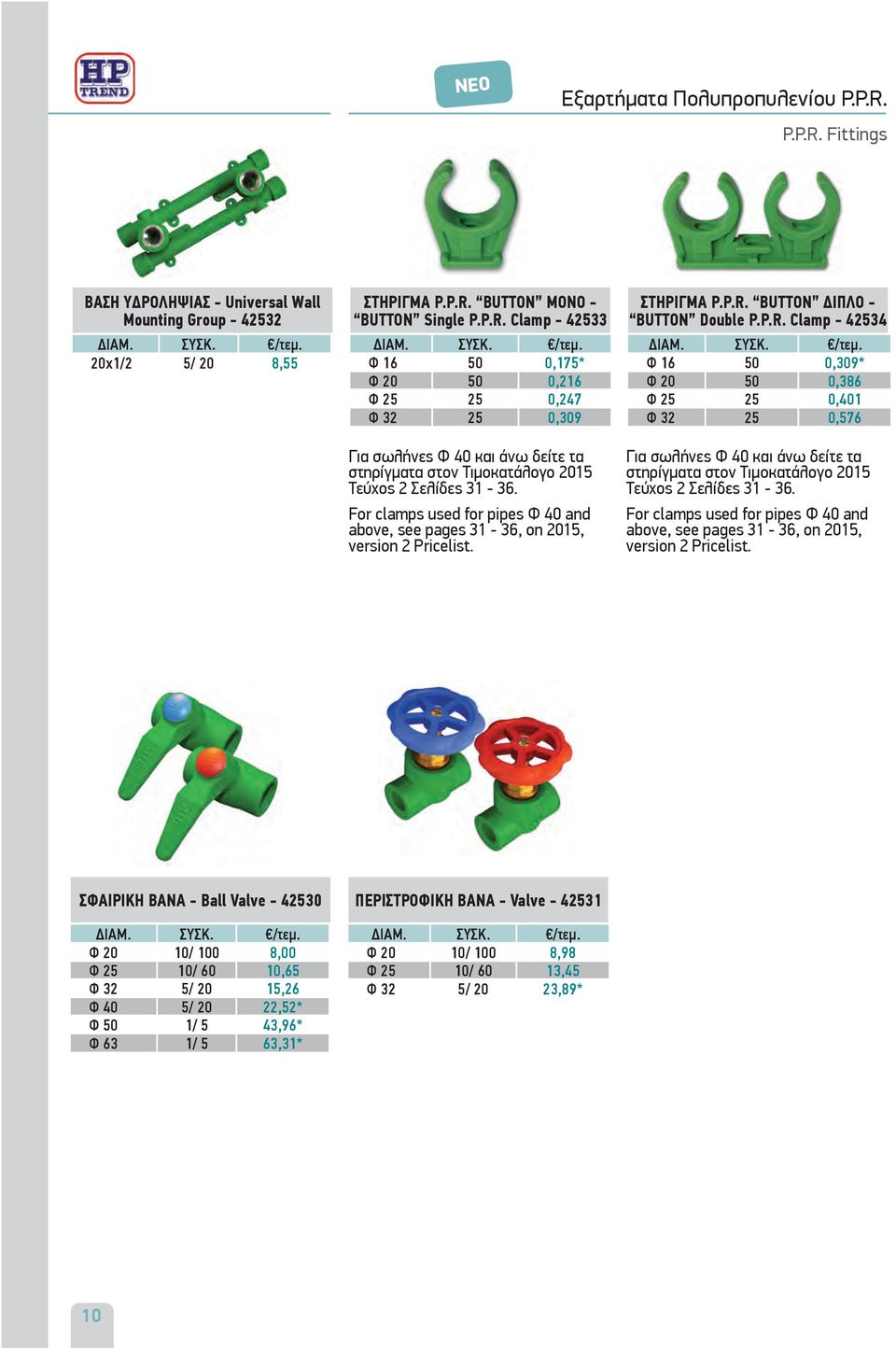 BUTTON ΔΙΠΛΟ - BUTTON Double P.P.R. Clamp - 42534 Φ 16 50 0,309* Φ 20 50 0,386 Φ 25 25 0,401 Φ 32 25 0,576 Για σωλήνες Φ 40 και άνω δείτε τα στηρίγματα στον Τιμοκατάλογο 2015 Τεύχος 2 Σελίδες 31-36.