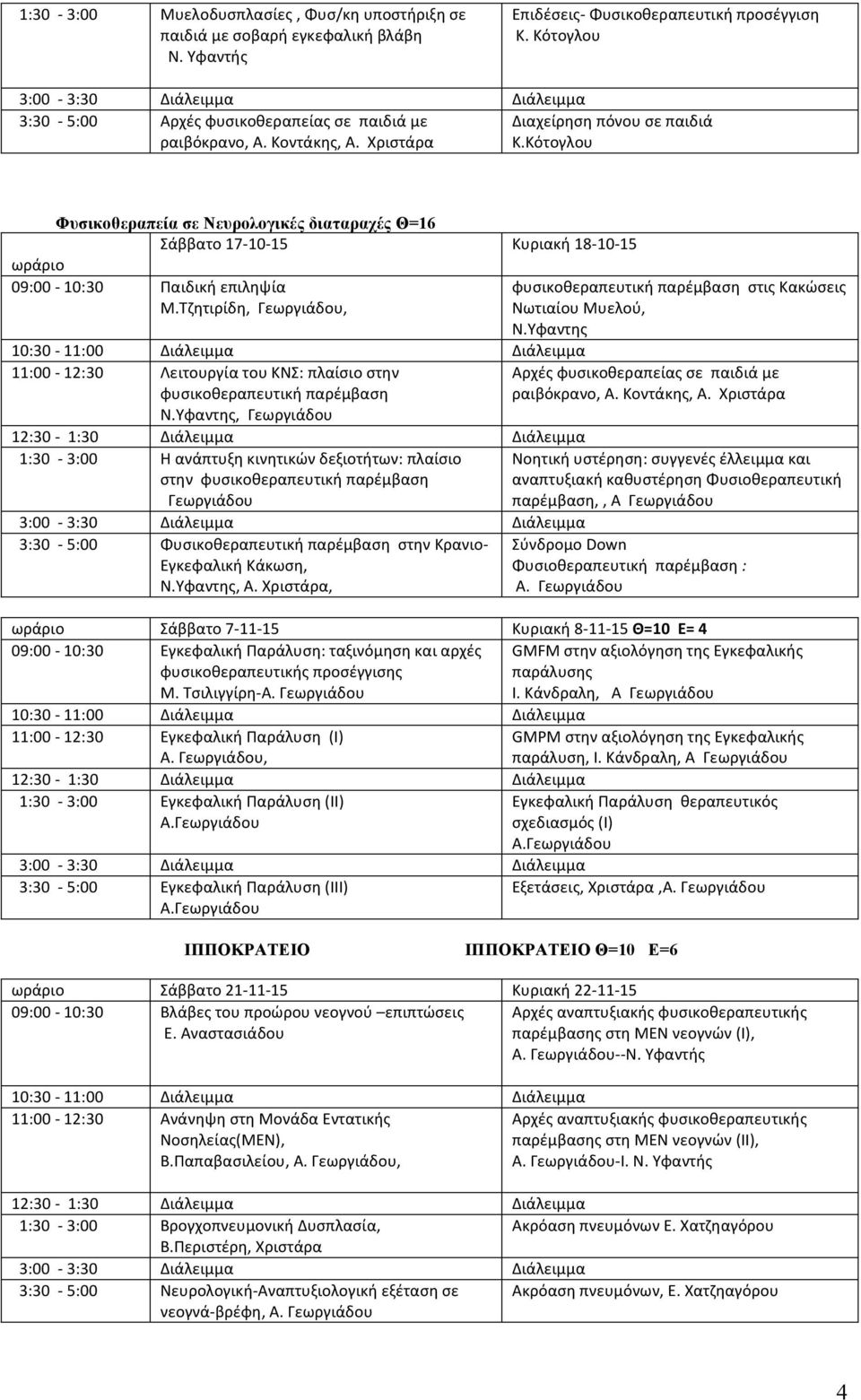Κότογλου Φυσικοθεραπεία σε Νευρολογικές διαταραχές Θ=16 Σάββατο 17-10- 15 09:00-10:30 Παιδική επιληψία Μ.Τζητιρίδη,, Κυριακή 18-10- 15 φυσικοθεραπευτική παρέμβαση στις Κακώσεις Νωτιαίου Μυελού, Ν.