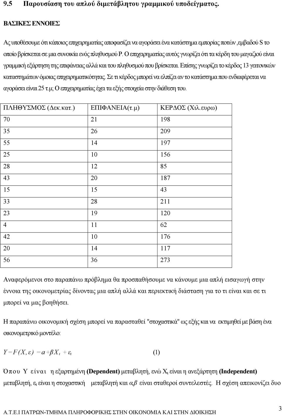 Ο επιχειρηµατίας αυτός γνωρίζει ότι τα κέρδη του µαγαζιού είναι γραµµική εξάρτηση της επιφάνειας αλλά και του πληθυσµού που βρίσκεται.