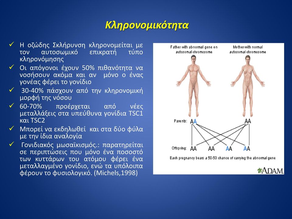 γονίδια TSC1 και TSC2 Μπορεί να εκδηλωθεί και στα δύο φύλα με την ίδια αναλογία Γονιδιακός μωσαϊκισμός.