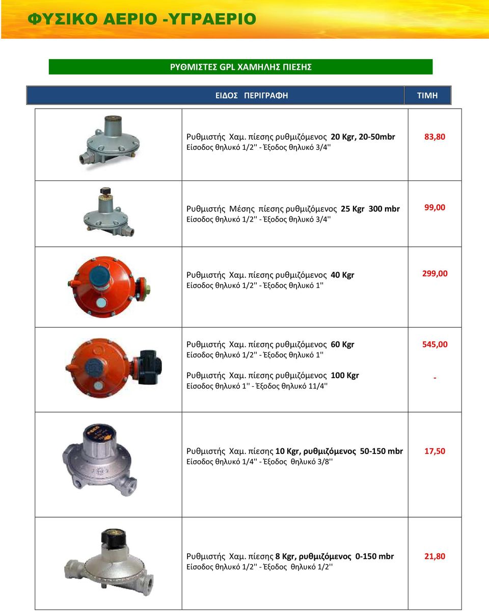 3/4'' 99,00 Ρυθμιστής Χαμ. πίεσης ρυθμιζόμενος 40 Kgr Είσοδος θηλυκό 1/2'' - Έξοδος θηλυκό 1'' 299,00 Ρυθμιστής Χαμ.