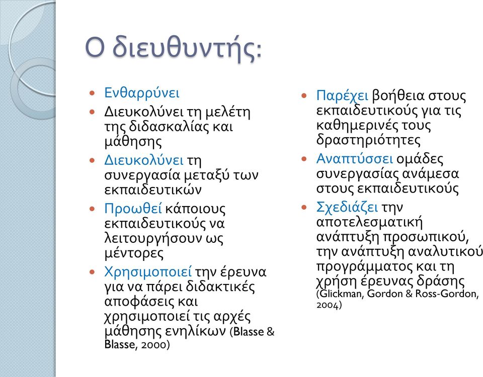 (Blasse & Blasse, 2000) Παρέχει βοήθεια στους εκπαιδευτικούς για τις καθημερινές τους δραστηριότητες Αναπτύσσει ομάδες συνεργασίας ανάμεσα στους