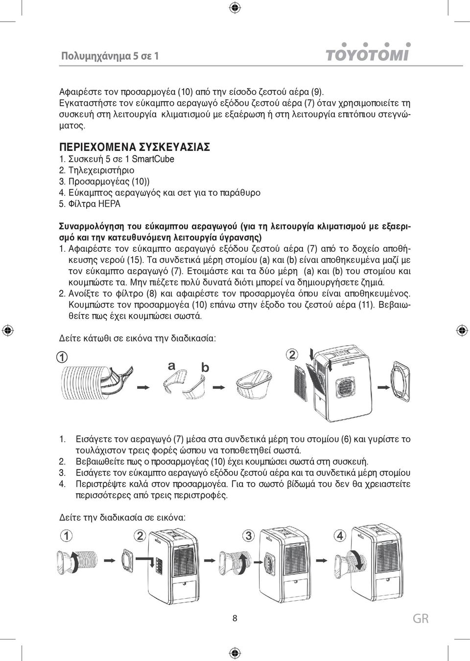 Συσκευή 5 σε 1 SmartCube 2. Τηλεχειριστήριο 3. Προσαρμογέας (10)) 4. Εύκαμπτος αεραγωγός και σετ για το παράθυρο 5.