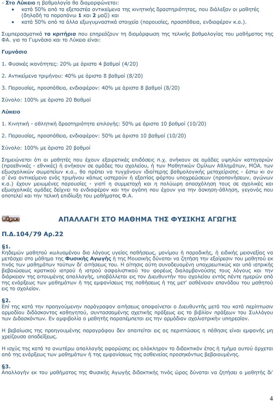 για το Γυμνάσιο και το Λύκειο είναι: Γυμνάσιο 1. Φυσικές ικανότητες: 20% με άριστα 4 βαθμοί (4/20) 2. Αντικείμενα τριμήνου: 40% με άριστα 8 βαθμοί (8/20) 3.