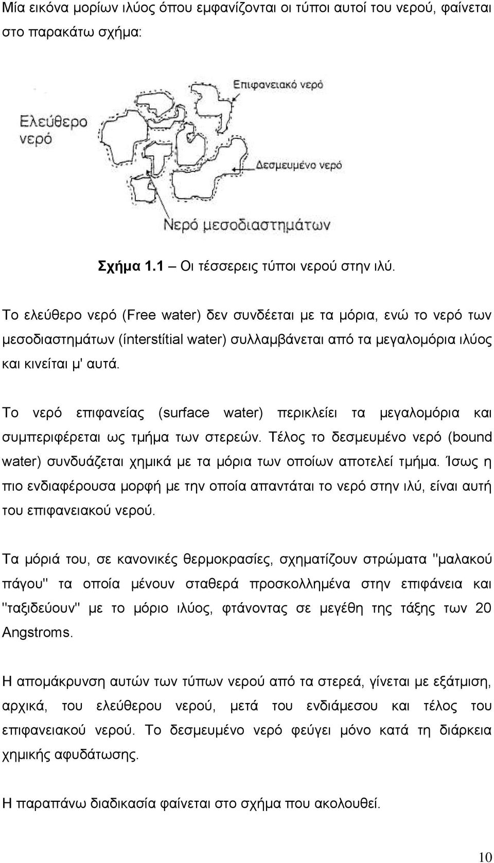 Το νερό επιφανείας (surface water) περικλείει τα μεγαλομόρια και συμπεριφέρεται ως τμήμα των στερεών. Τέλος το δεσμευμένο νερό (bound water) συνδυάζεται χημικά με τα μόρια των οποίων αποτελεί τμήμα.