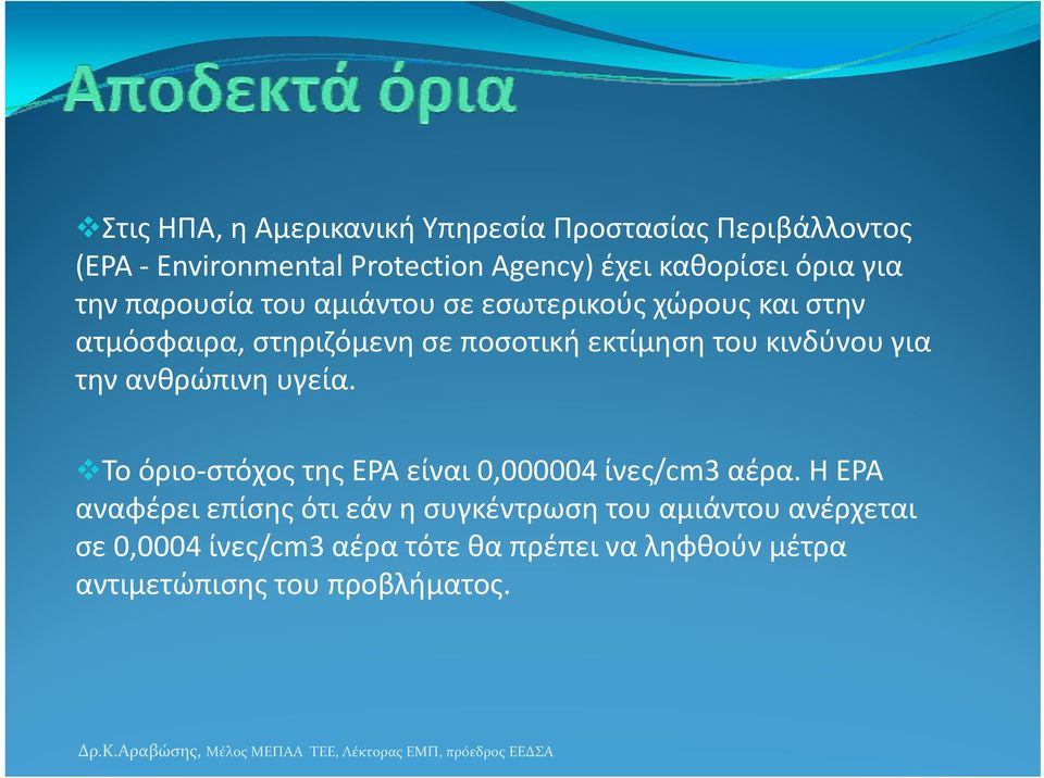 κινδύνου για την ανθρώπινη υγεία. Το όριο-στόχος της ΕΡΑ είναι 0,000004 ίνες/cm3 αέρα.