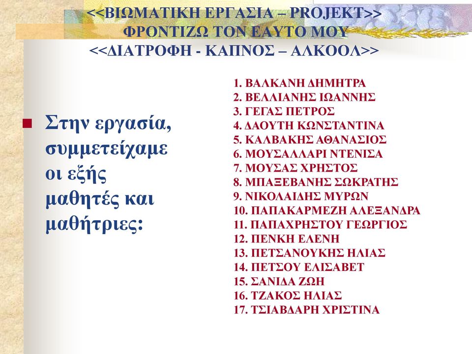 ΚΑΛΒΑΚΗΣ ΑΘΑΝΑΣΙΟΣ 6. ΜΟΥΣΑΛΛΑΡΙ ΝΤΕΝΙΣΑ 7. ΜΟΥΣΑΣ ΧΡΗΣΤΟΣ 8. ΜΠΑΞΕΒΑΝΗΣ ΣΩΚΡΑΤΗΣ 9. ΝΙΚΟΛΑΙΔΗΣ ΜΥΡΩΝ 10.