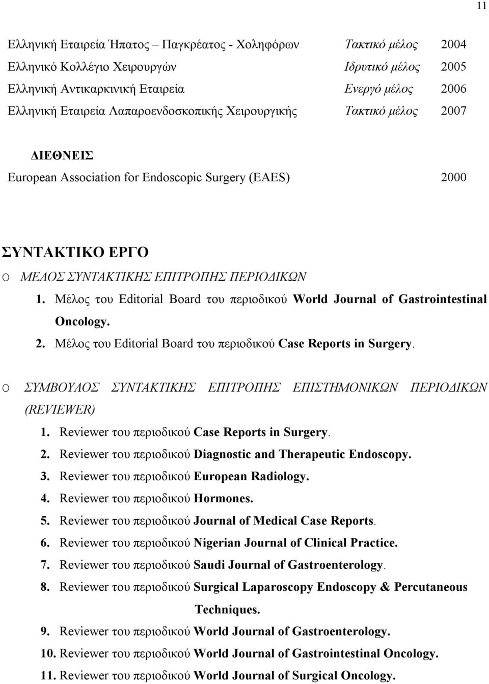 Μέλος του Editorial Board του περιοδικού World Journal of Gastrointestinal Oncology. 2. Μέλος του Editorial Board του περιοδικού Case Reports in Surgery.