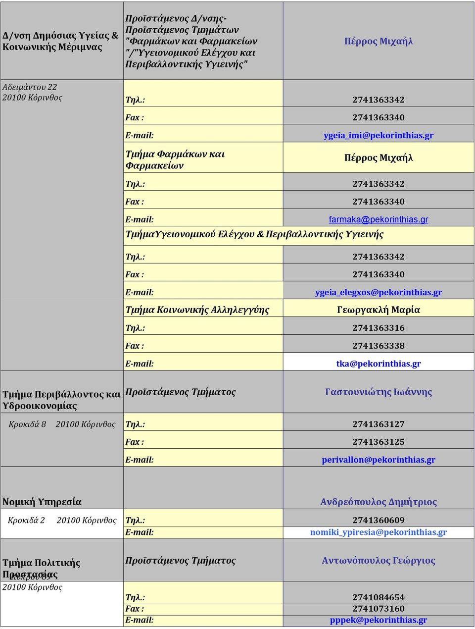 gr Γεωργακλή Μαρία Τηλ.: 2741363316 2741363338 tka@pekorinthias.gr Τμήμα Περιβάλλοντος και Υδροοικονομίας Γαστουνιώτης Ιωάννης Κροκιδά 8 Τηλ.: 2741363127 2741363125 perivallon@pekorinthias.