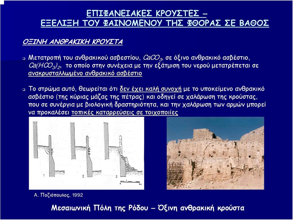 δεν έχει καλή συνοχή με το υποκείμενο ανθρακικό ασβέστιο (της κύριας μάζας της πέτρας) και οδηγεί σε χαλάρωση της κρούστας, που σε συνέργια με βιολογική