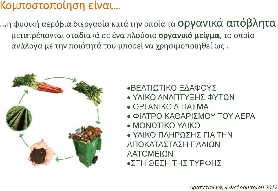 μπορεί να χρησιμοποιηθεί ως : ΒΕΛΤΙΩΤΙΚΟ ΕΔΑΦΟΥΣ ΥΛΙΚΟ ΑΝΑΠΤΥΞΗΣ ΦΥΤΩΝ ΟΡΓΑΝΙΚΟ ΛΙΠΑΣΜΑ ΦΙΛΤΡΟ