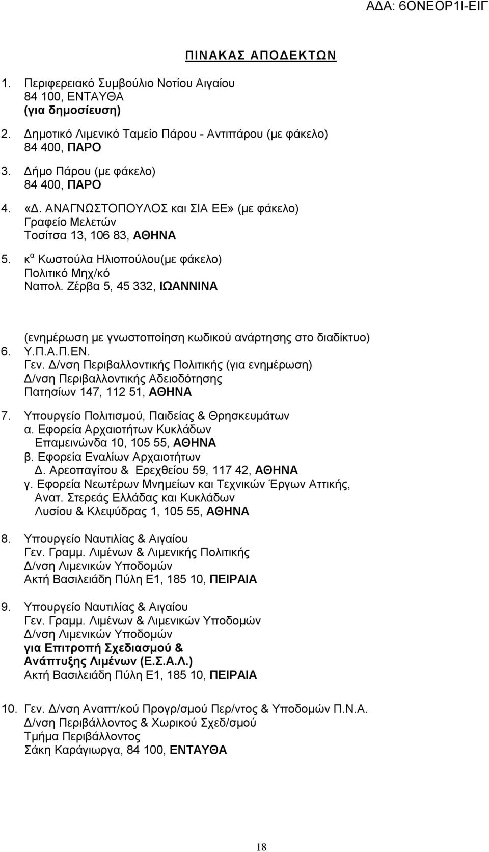 Ζέρβα 5, 45 332, ΙΩΑΝΝΙΝΑ (ενημέρωση με γνωστοποίηση κωδικού ανάρτησης στο διαδίκτυο) 6. Υ.Π.Α.Π.ΕΝ. Γεν.