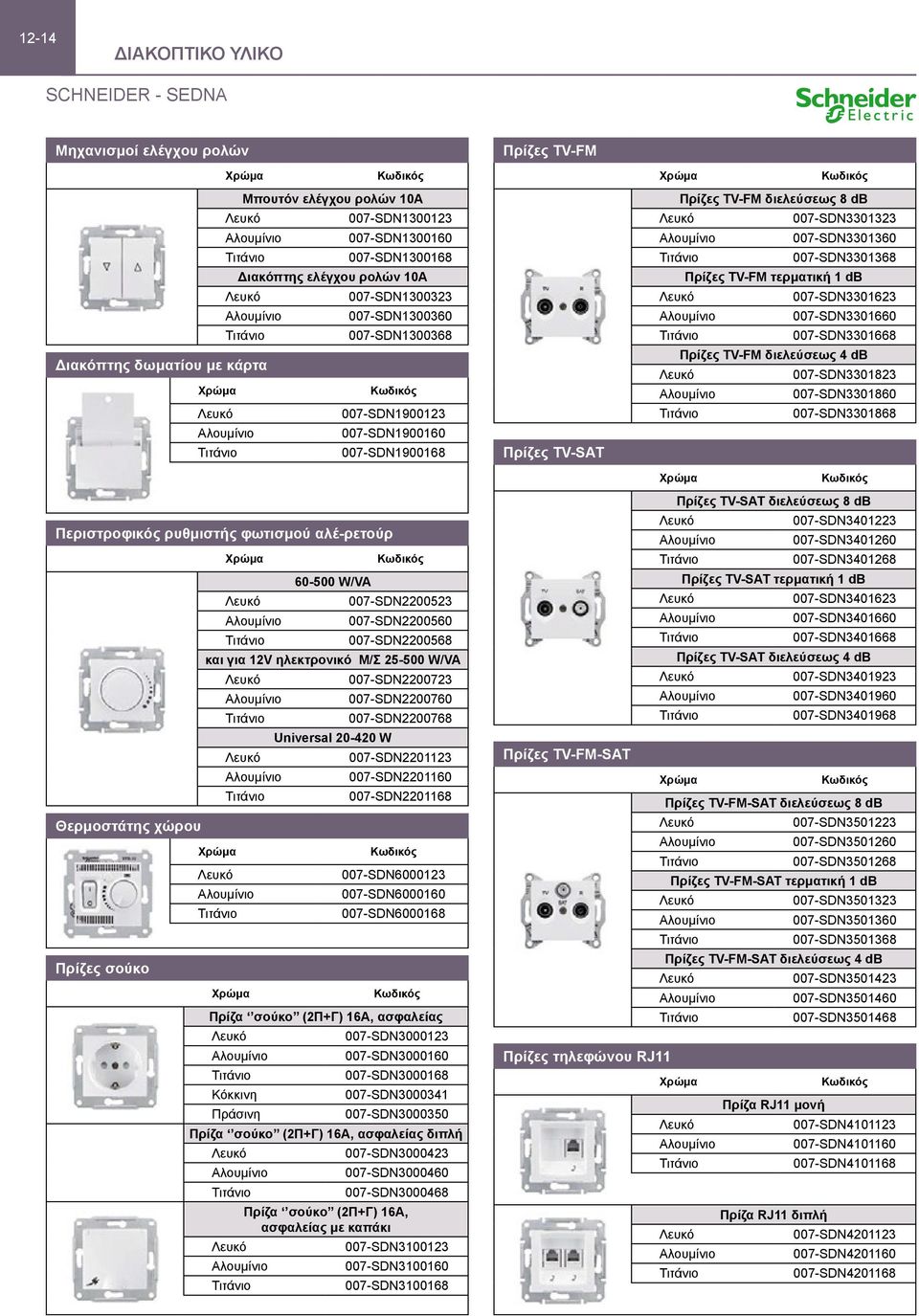 TV-FM τερματική 1 db 007-SDN3301623 007-SDN3301660 007-SDN3301668 Πρίζες TV-FM διελεύσεως 4 db 007-SDN3301823 007-SDN3301860 007-SDN3301868 Περιστροφικός ρυθμιστής φωτισμού αλέ-ρετούρ Θερμοστάτης